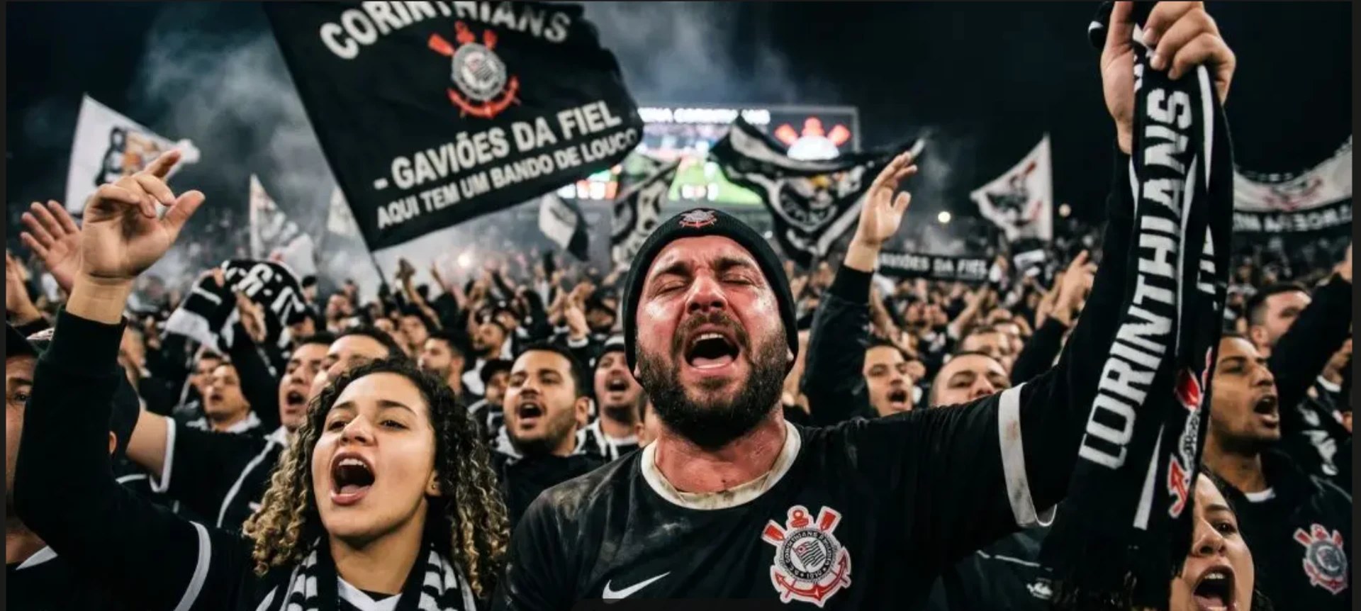 Fiel torcida do Corinthians cantando nas arquibancadas